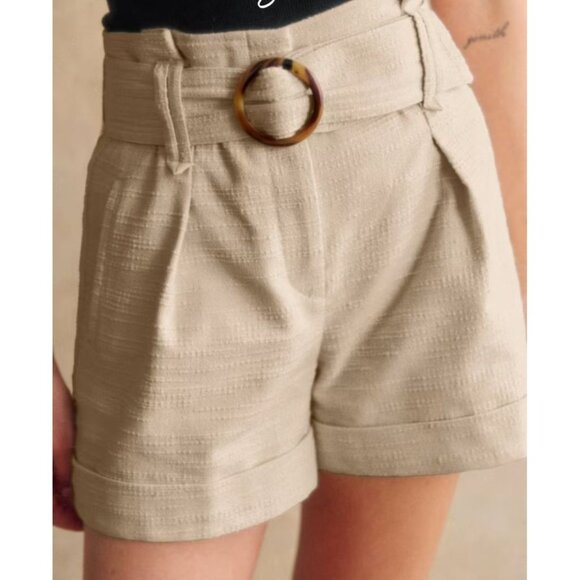 Sezane Rome Shorts Womens Size 38 Ecru Cream High Rise Belted Paperbag Old money